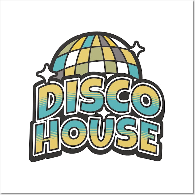 DISCO  HOUSE  - Y2K Disco Ball (gold/grey/blue) Wall Art by DISCOTHREADZ 